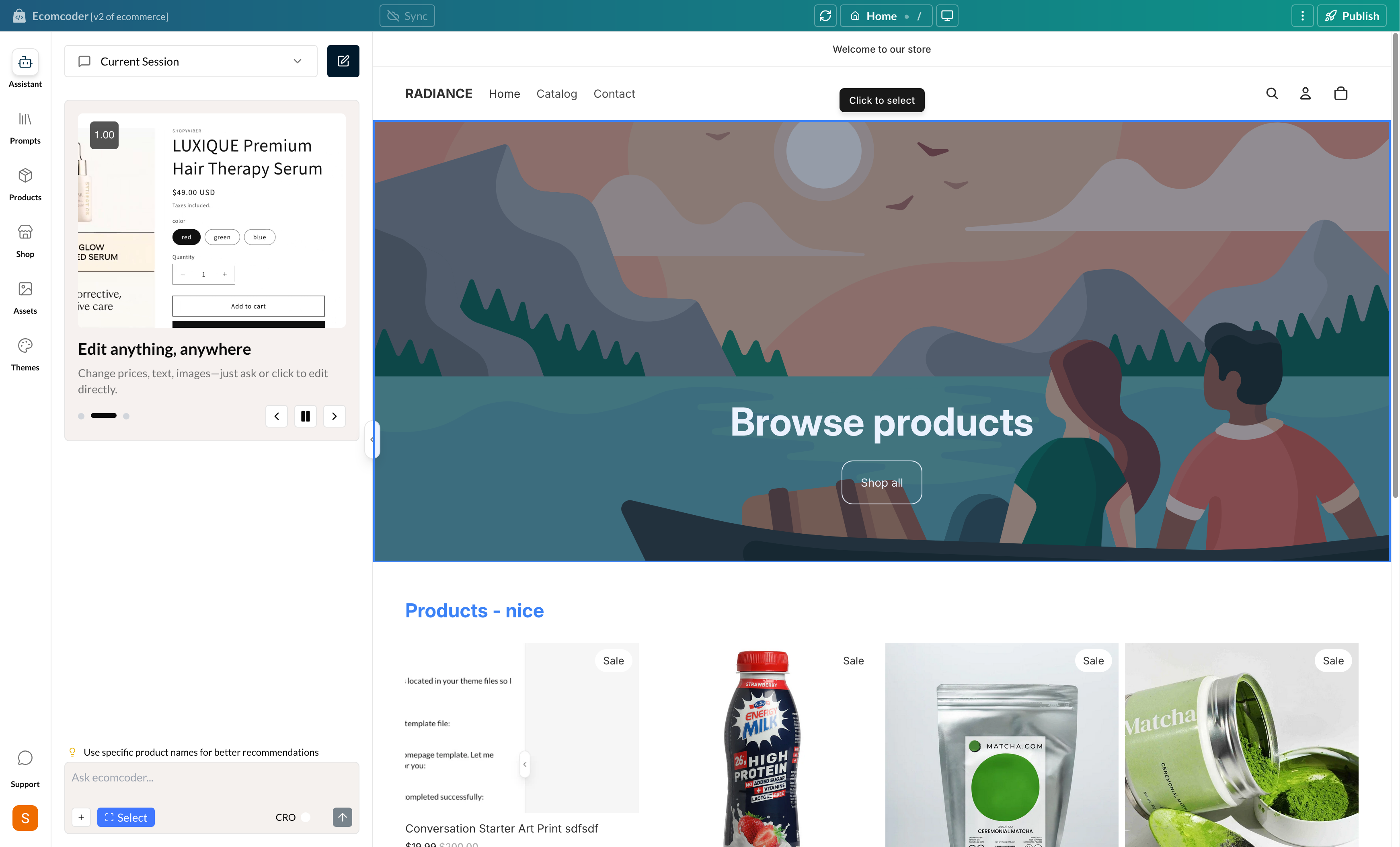 Element Picker highlighting a product card in the preview