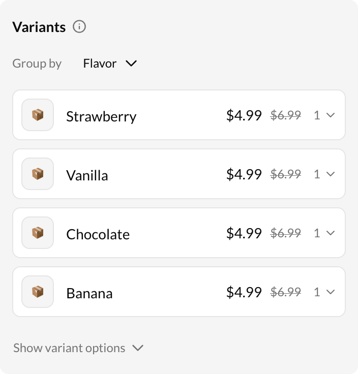 Variant list with expandable metafields