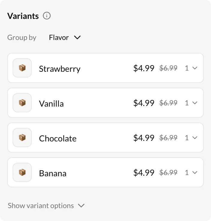 Variant list with expandable metafields