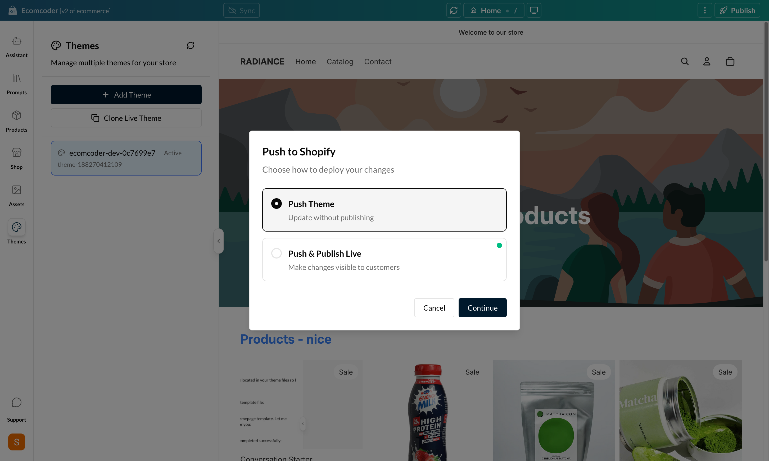 Publish confirmation dialog with live theme warning