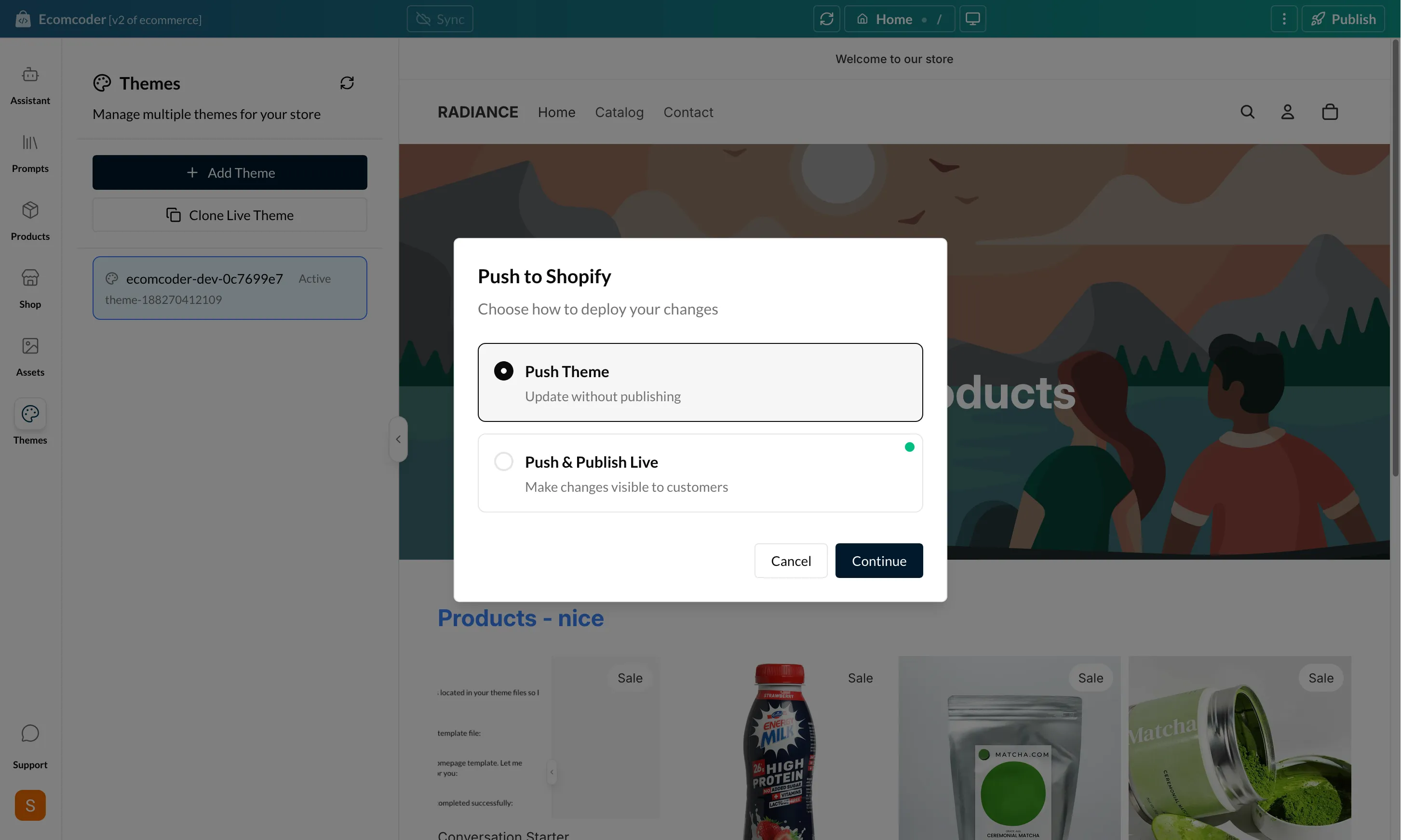 Publish confirmation dialog with live theme warning