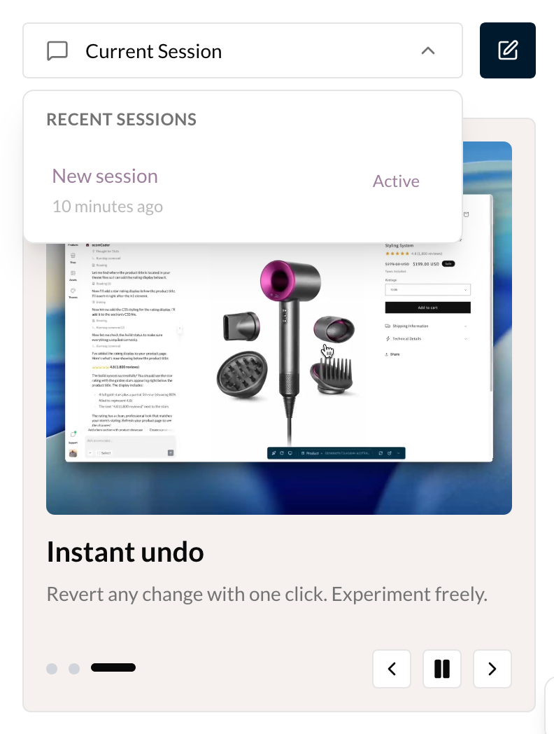 Session switcher showing multiple saved sessions