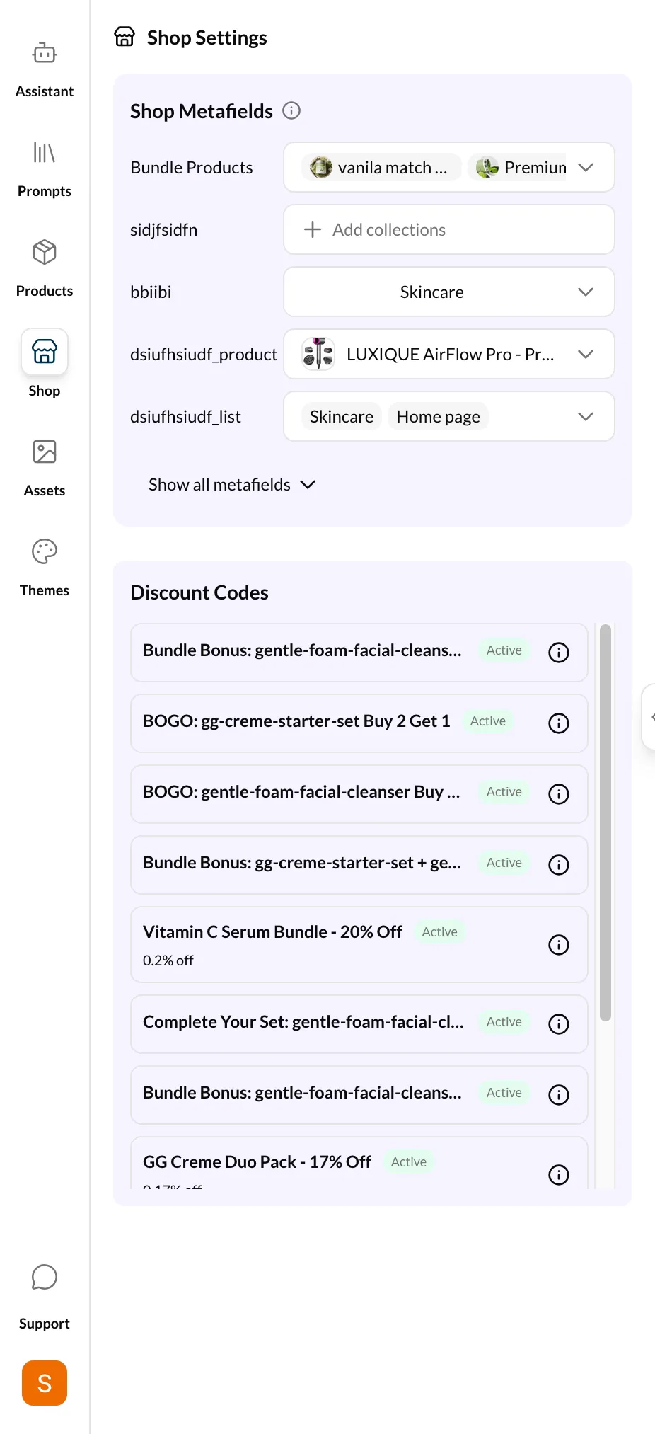 Shop tab showing metafields and discounts